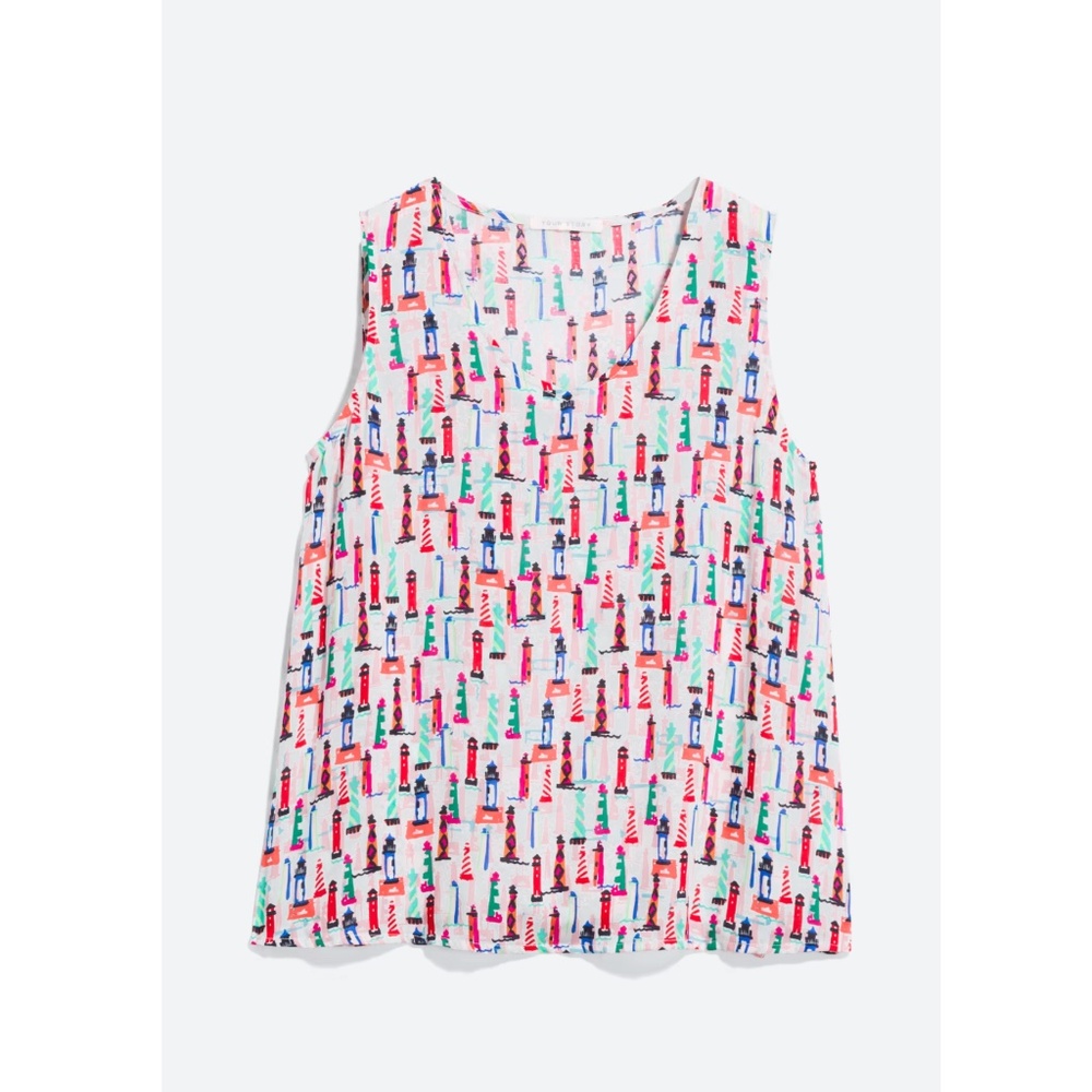 Your Story Terrazas Lighthouse Print Top XL Sleeveless V Neck Coastal EUC